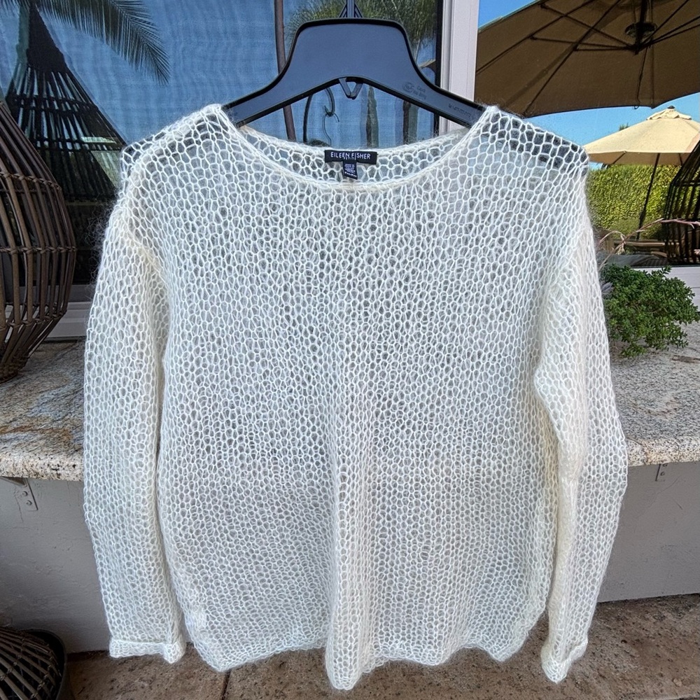 Eileen Fisher White Open-Knit Sweater